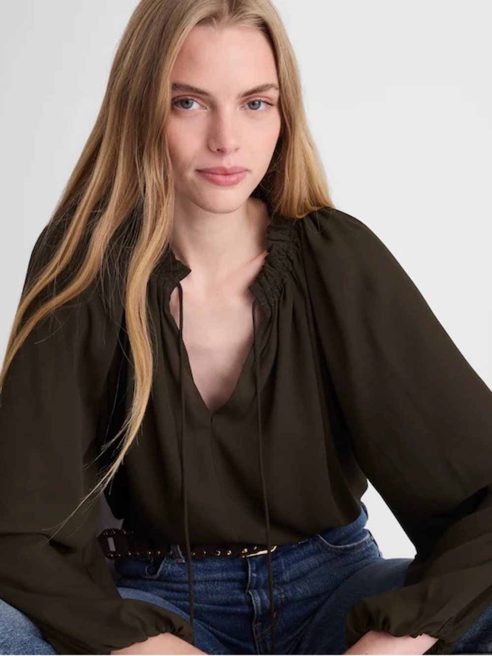 Madewell Long-Sleeve Tie-Neck Top midnight olive NWT